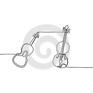 Acoustic guitar violin one line cartoon illustration of musical instruments orchestra