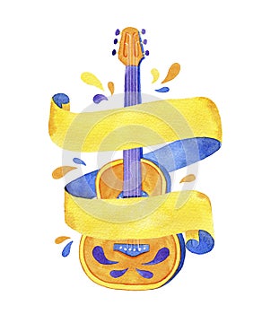 Acoustic guitar watercolor illustration with on the ribbon on white background. Hand drawn illustration isolate on white