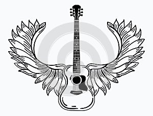 Acoustic guitar with wings. Stylized coustic guitar with angel wings. Black and white illustration of a musical