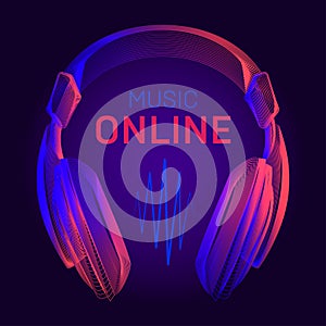 Acoustic headphones wireframe and online music title with neon radio wave contour. Vector illustration with outline portable