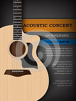 Acoustic music festival concert flyer poster design template, acoustic guitar on dark background