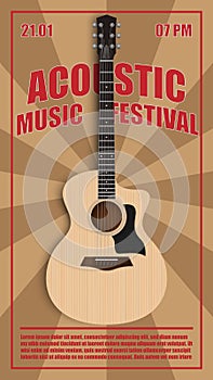 Acoustic music festival flyer poster design template, acoustic guitar on wood texture background, vector