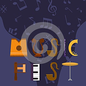 Acoustic music festival vector illustration. Live rock, jazz or pop music concert. Musical party web banner, poster