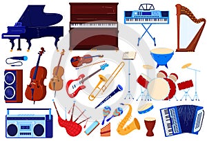 Acoustic music instrument, orchestra audio concert vector illustration set, cartoon flat musical instrumental collection