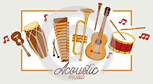Acoustic music instruments poster vector flat illustration isolated on white, rock ballads concert or festival flyer or banner