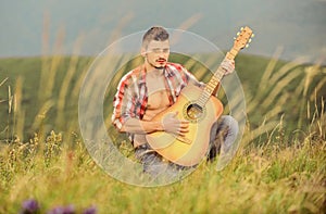 Acoustic music. Summer music festival outdoors. Playing music. Sound of freedom. Inspired musician play rock ballad photo