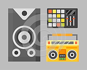 Acoustic musical speaker audio equipment musical technology and loudspeaker tool vector illustration.