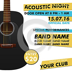 Acoustic night performance poster in your club Indie musician concert show with realistic guitar