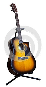 Acoustic six-string guitar on a white background