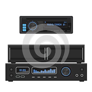 Acoustic sound system stereo flat vector music loudspeakers player subwoofer equipment technology.