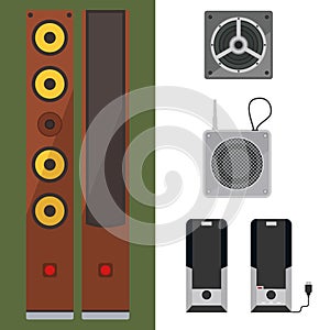 Acoustic sound system stereo flat vector music loudspeakers player subwoofer equipment technology.