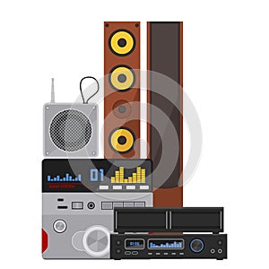 Acoustic sound system stereo flat vector music loudspeakers player subwoofer equipment technology.