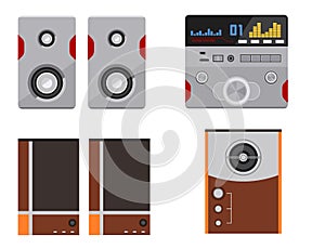 Acoustic sound system stereo flat vector music loudspeakers player subwoofer equipment technology.