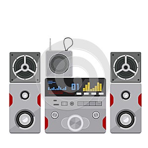 Acoustic sound system stereo flat vector music loudspeakers player subwoofer equipment technology.