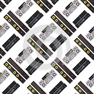 Acoustic sound system stereo flat vector seamless pattern background music loudspeakers player subwoofer equipment