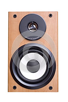 Acoustic sound system with two speakers in wood case