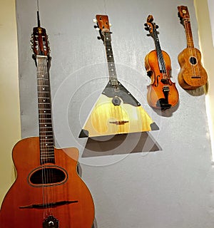 Acoustic string musical instruments displayed on a wall