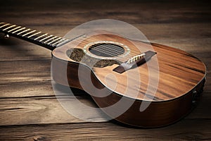 Acoustic wooden guitar on house floor. Generate Ai