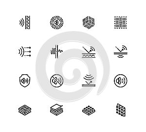 Acoustics and Acoustical Properties of Materials. Icons in Outline Style