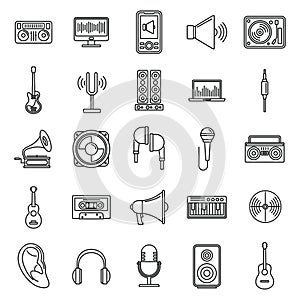 Acoustics audio icons set, outline style