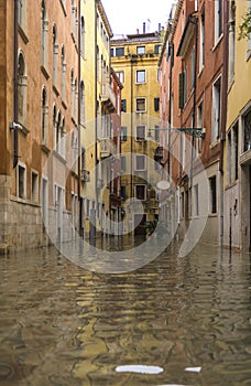 Acqua alta, view on a street has been flooded by waters rising 156 cm