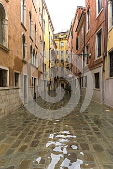 acqua alta, view on a street has been flooded by waters rising 156 cm