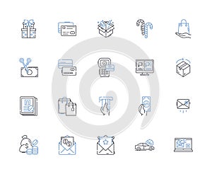 Acquiring frenzy line icons collection. Shopping, Consumerism, Bargain, Sale, Splurge, Deal, Competition vector and