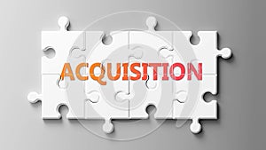 Acquisition complex like a puzzle - pictured as word Acquisition on a puzzle pieces to show that Acquisition can be difficult and