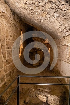Ancient masonry of walls and tunnels from the time of the Crusaders at the Templar fortress in the Acre old city in northern