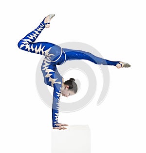 Acrobat, a circus artist in a blue suit.