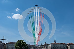 Acrobatic air performance of Tricolour arrows Frecce tricolori over Turin, Italy