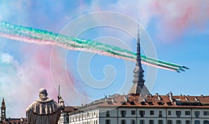 Acrobatic air performance of Tricolour arrows Frecce tricolori over Turin, Italy