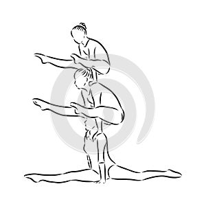 Acrobatic, balance, performance, cooperation concept. Hand drawn acrobats performing on scene concept sketch. Isolated vector