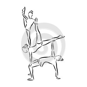 Acrobatic, balance, performance, cooperation concept. Hand drawn acrobats performing on scene concept sketch. Isolated vector