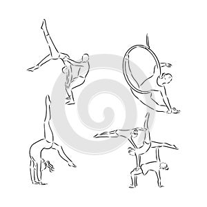 Acrobatic, balance, performance, cooperation concept. Hand drawn acrobats performing on scene concept sketch. Isolated vector