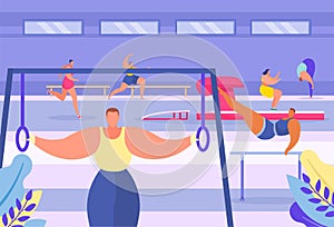 Acrobatic modern gymnastic sport gym, people pull up on crossbar, sporting event, cardiological exercise, flat vector photo