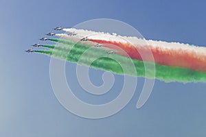 Acrobatic planes Frecce tricolore makes italian flag in the sk