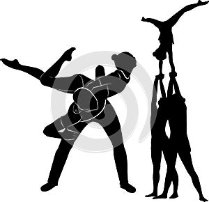 Acrobatic stunt. Gymnasts  acrobats vector black silhouette