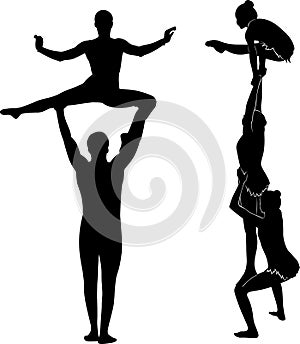 Acrobatic stunt. Gymnasts acrobats  vector black silhouette