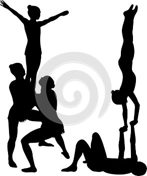 Acrobatic stunt. Gymnasts acrobats vector black silhouette.