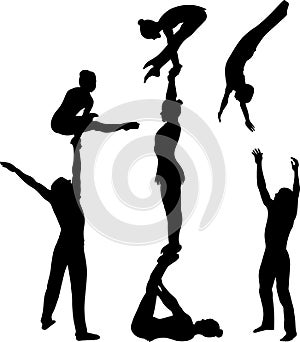 acrobatic stunt. Gymnasts acrobats vector black silhouette. Gymnasts acrobats vector