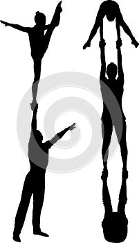 Acrobatic stunt. Gymnasts acrobats vector black silhouette. Gymnasts acrobats vector