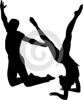Acrobatic stunt. Gymnasts acrobats vector black silhouette. Gymnasts acrobats vector