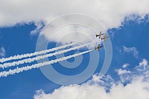 Acrobatic Stunt Planes RUS of Aero L-159 ALCA on Air During Aviation Sport Event Dedicated to the 80th Anniversary of DOSAAF