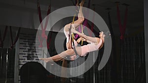 Acrobatic women doing tricks on aerial hoop