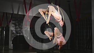 Acrobatic women doing tricks on aerial hoop