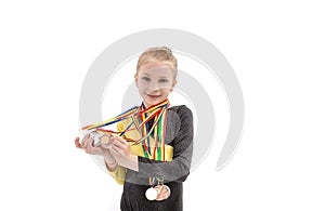 Acrobatics girl portrait with many medal on neck isolated on white