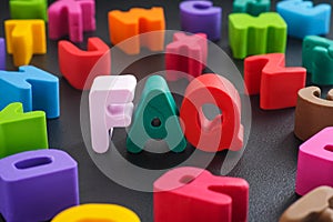 The acronym FAQ frequently asked questions made out of polymer clay letters