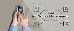 Acronym FSM or Field Service Management. The person works in a smartphone.