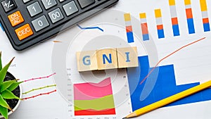 Acronym GNI or Gross National Income. Letters on cubes on the background of documents